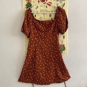 Burnt orange floral A-line puff sleeve dress